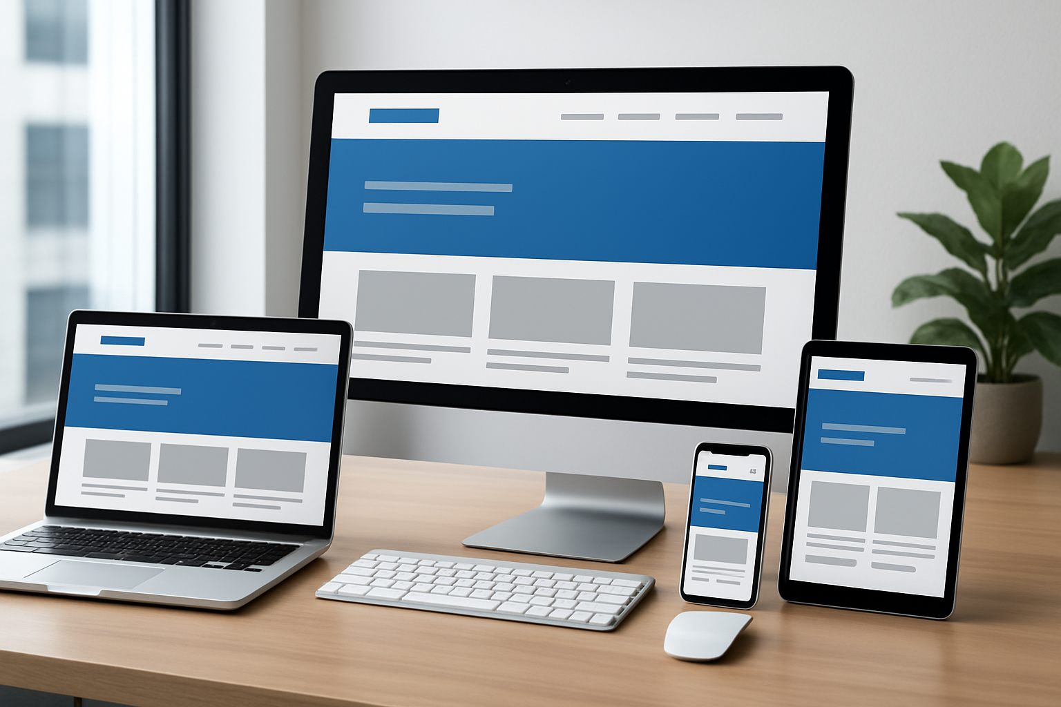 A desktop computer, laptop, tablet, and smartphone displaying a web design layout on a wooden desk near a window with a